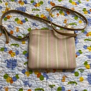 COACH Legacy Ticking Stripe Khaki/Pink Swingpack Crossbody Bag